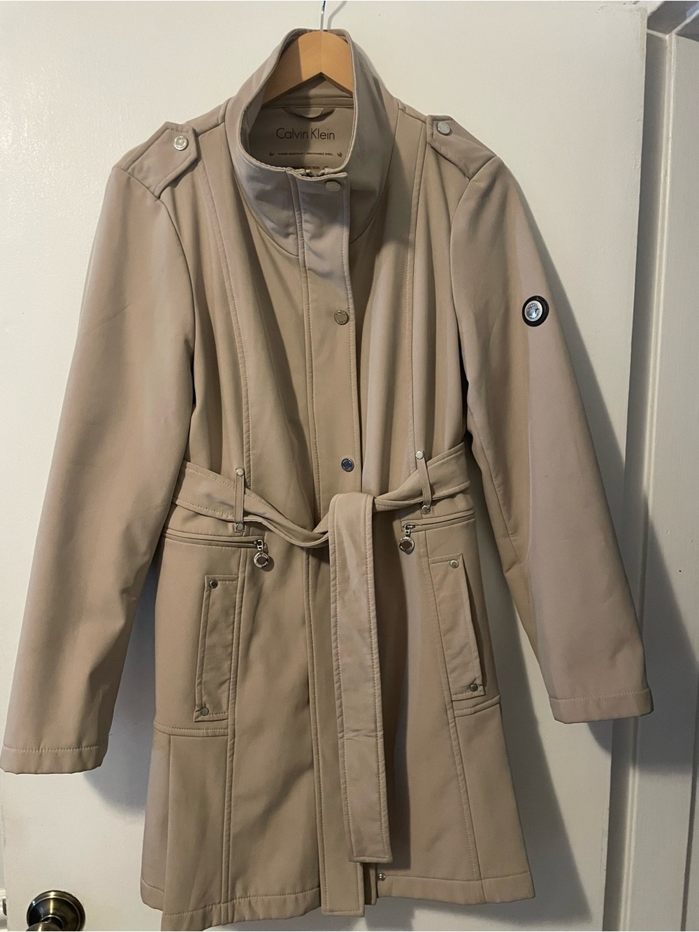 Calvin Klein Beige Belted Trench Coat with Zip-Snap Front
